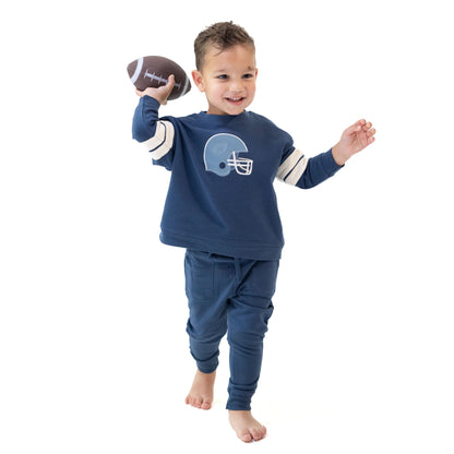 Football Helmets - Drop Sleeve Sweatshirt with Varsity Stripes Blue Helmet