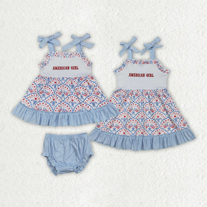 Sibling Baby Embroidery American Girls Bow Flags 4th of July Ruffle Bummies Set Knee Length Dress
