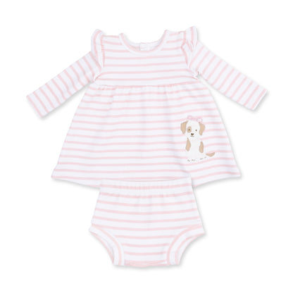 Stripe Puppy - Long Sleeve Dress with Ruffle and Bloomer (2T-4T Dress Only)