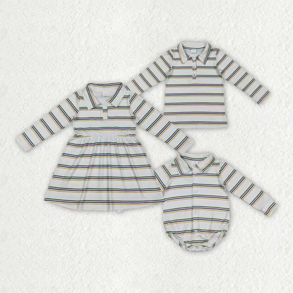 Sibling Baby Boys Girls Mardigras Stripe Button Knee Length Dress Polo Shirts Top Rompers
