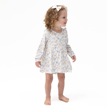 Floral Deer - Long Sleeve Ruffle Bodysuit Dress