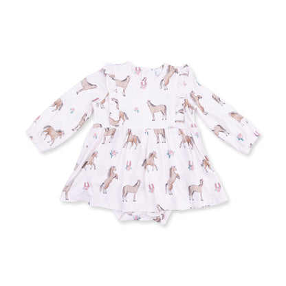 I Love Horses - Long Sleeve Ruffle Bodysuit Dress