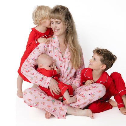 Vintage Reindeer & Santa Pink - Bamboo - Adult Long Sleeve Coat Style and Pant with Pockets