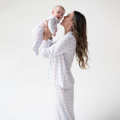 Anna Floral Stripe - Adult Long Sleeve Coat Style and Pant With Pockets