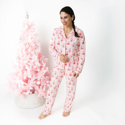 Bows & Santa - Bamboo Adult Long Sleeve Coat Style and Pant with Pockets