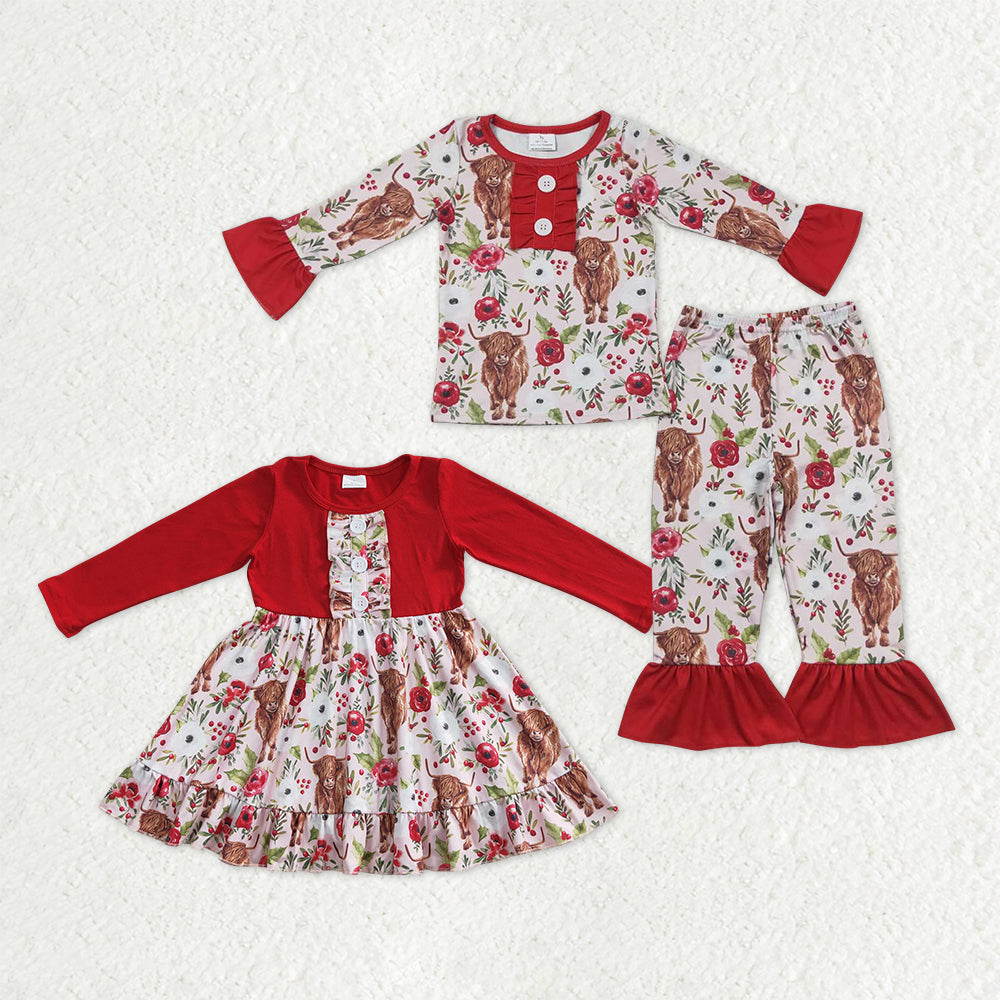 Sibling Baby Girls Flowers Highland Cows Ruffle Pant Western Pajamas Set Knee Length Dress