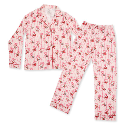 Bows & Santa - Adult Long Sleeve Coat Style and Pant with Pockets
