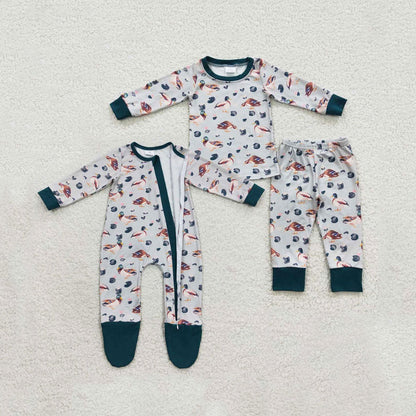 Sibling Baby Boys Ducks Plaid Pajamas Sets Zipper Footed Rompers