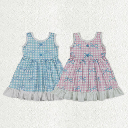 Sibling Baby Girls Sleeveless Bows Checked Button Ruffle Knee Length Dresses