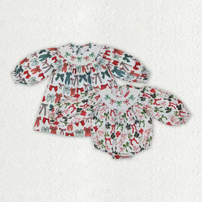 Smocked Embroidery Sibling Baby Girls Green Red Bows Christmas Knee Length Dresses