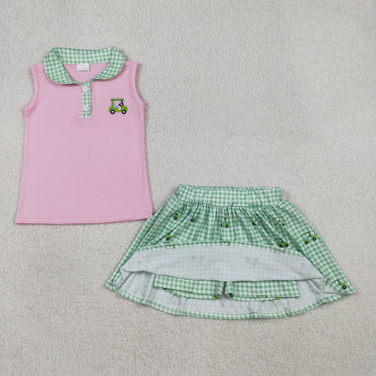 Sibling Baby Boys Girls Embroidery Golf Trucks Top Green Checked Shirt Shorts Clothes Sets