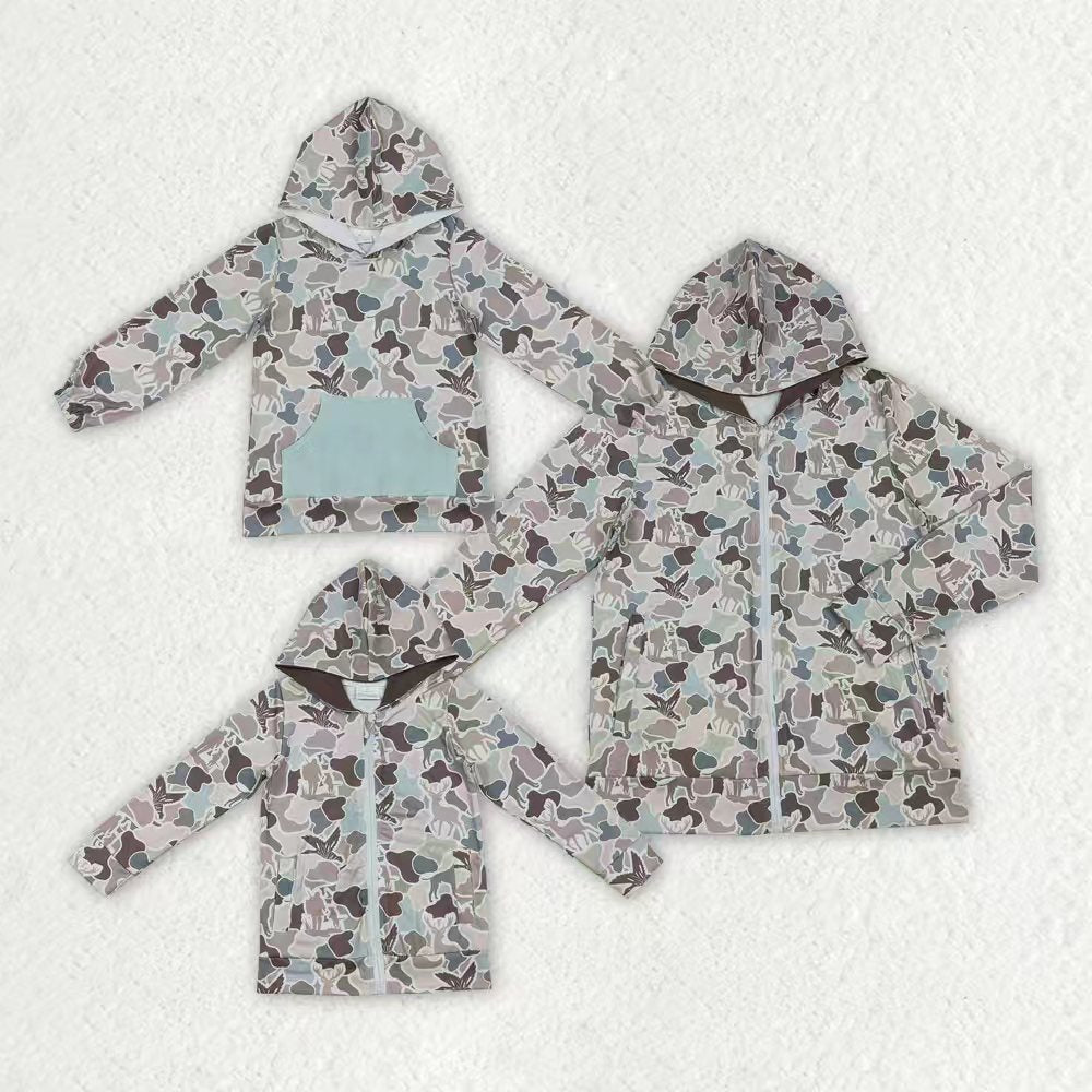 Sibling Adult Men Baby Boys Ducks Deer Dogs Camo Pockets Zipper Hunting Hoodie Jackets Top
