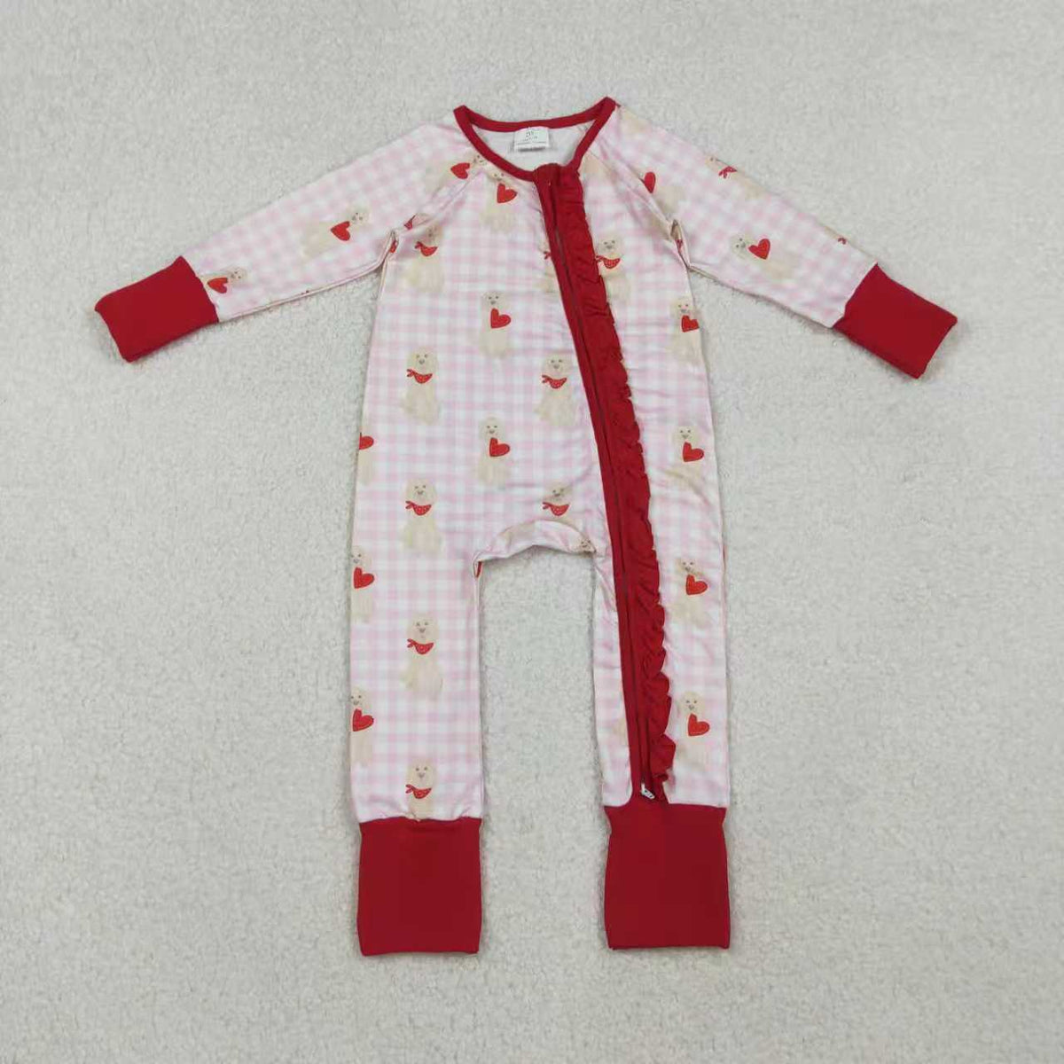 Mama and Me Girls Hearts Dogs Valentine Pajamas Set Ruffle Dress Zipper Romper Mamas Pants Bottom