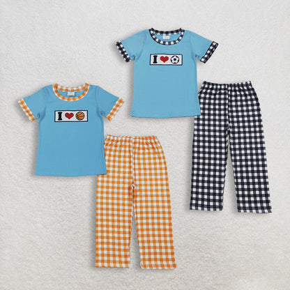 Sibling Baby Boys Embroidery I Love Balls Top Checked Pants Team Clothes Sets