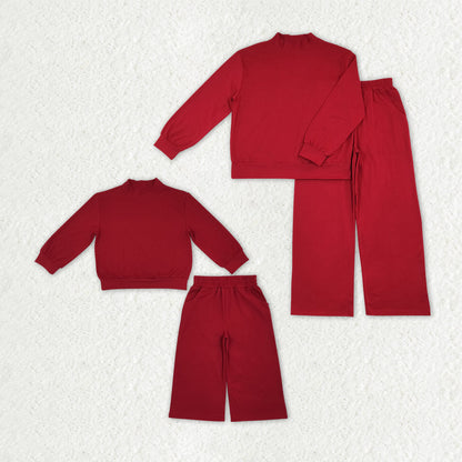 Mama and Me Girls Maroon Long Sleeves Choker Shirts Pockets Flare Pant Clothes Sets
