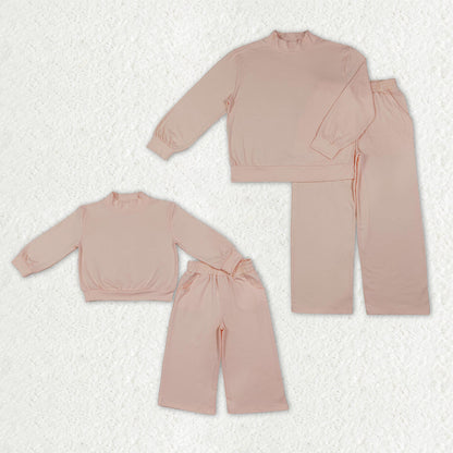 Mama and Me Girls Light Pink Long Sleeves Choker Shirts Pockets Flare Pant Clothes Sets