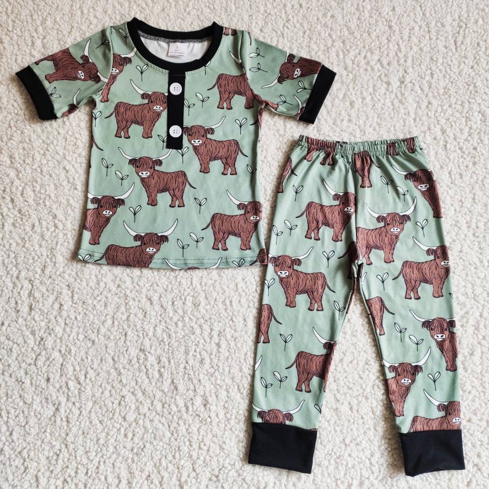 boys green cows western short sleeve pajamas sets B9-25