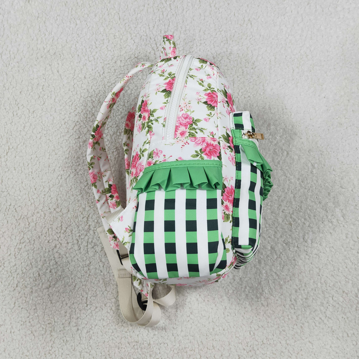BA0218 Baby Girls Flowers Green Checked Back to School Backpack Bags