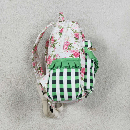 BA0218 Baby Girls Flowers Green Checked Back to School Backpack Bags