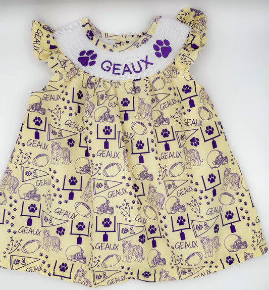 Smocked Geaux dress purple & gold – classic game day boutique outfit for baby & toddler girls from Cajun Cuties