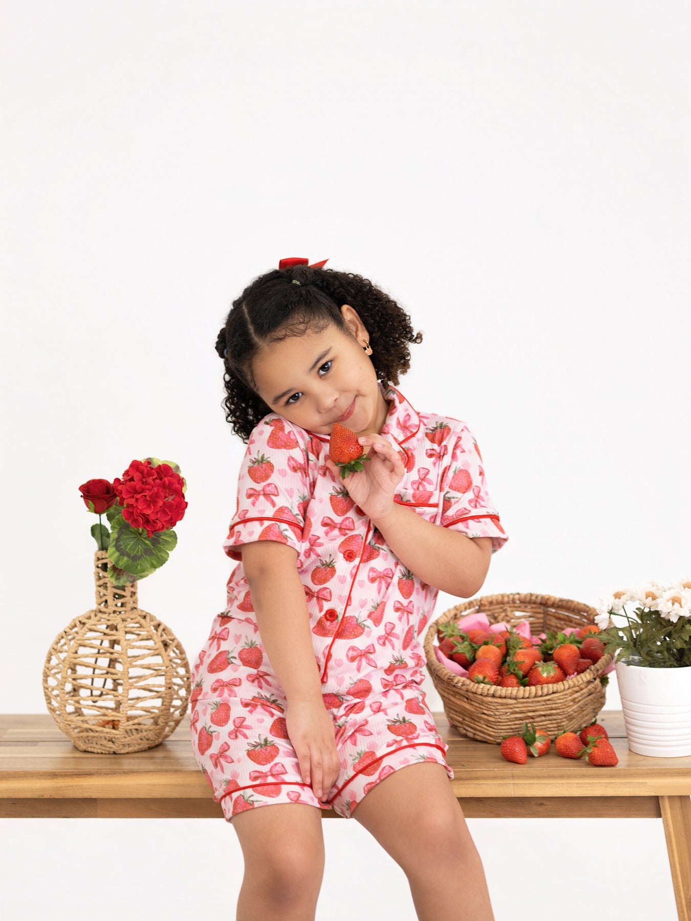 Spring Strawberry Bow Short Sleeve Shorts Pajama Set