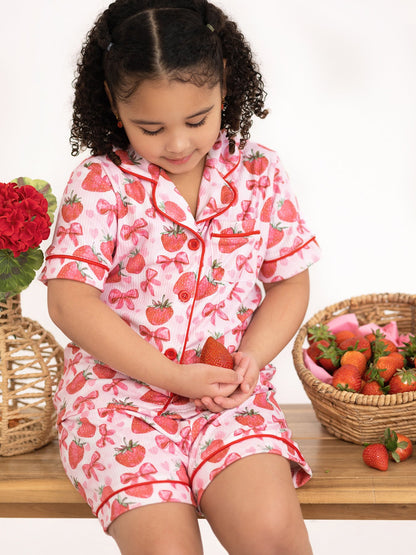 Spring Strawberry Bow Short Sleeve Shorts Pajama Set