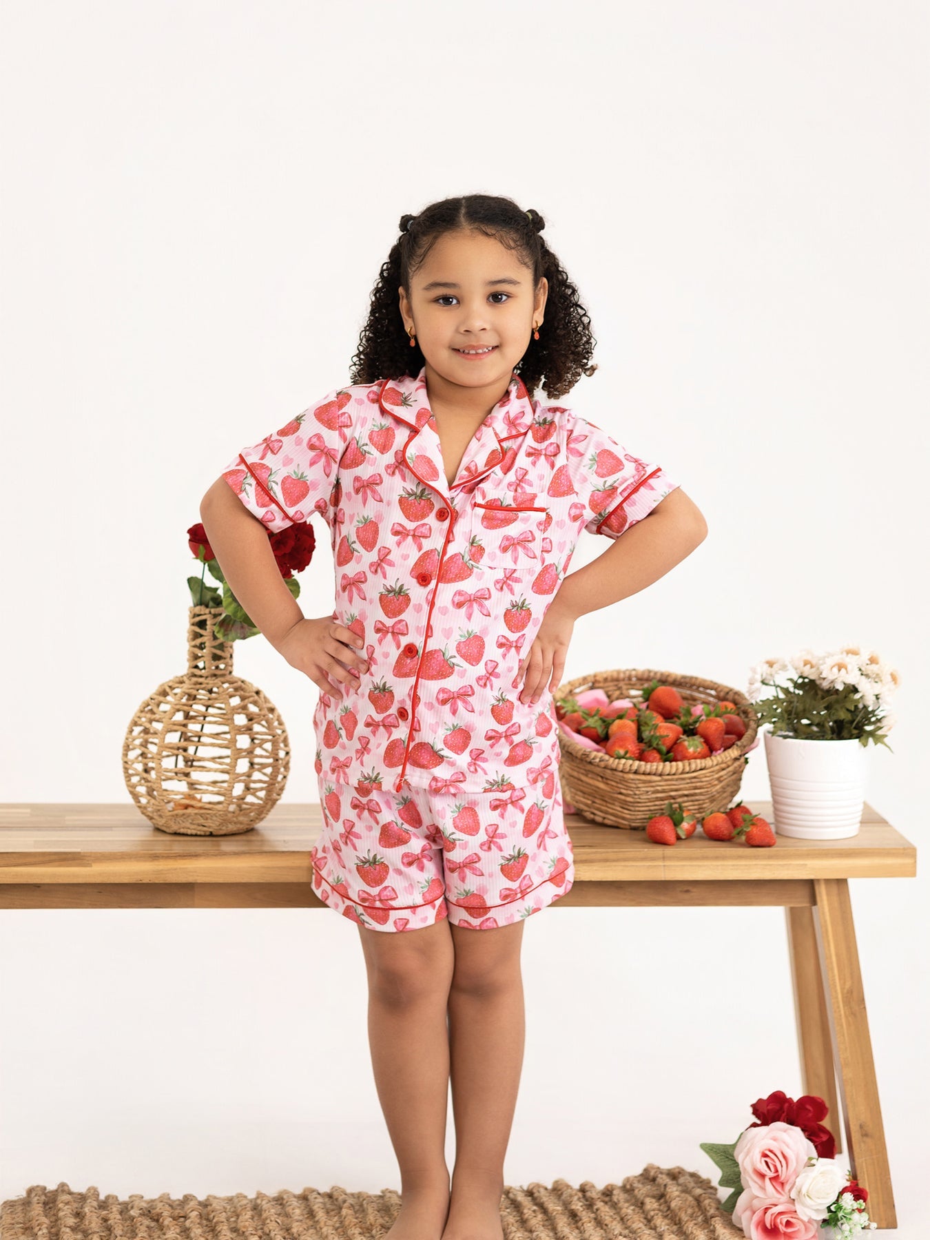 Spring Strawberry Bow Short Sleeve Shorts Pajama Set