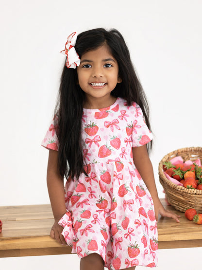 Summer Strawberry Bow Girls Short Sleeve Dress