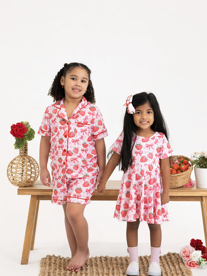 Summer Strawberry Bow Girls Short Sleeve Dress