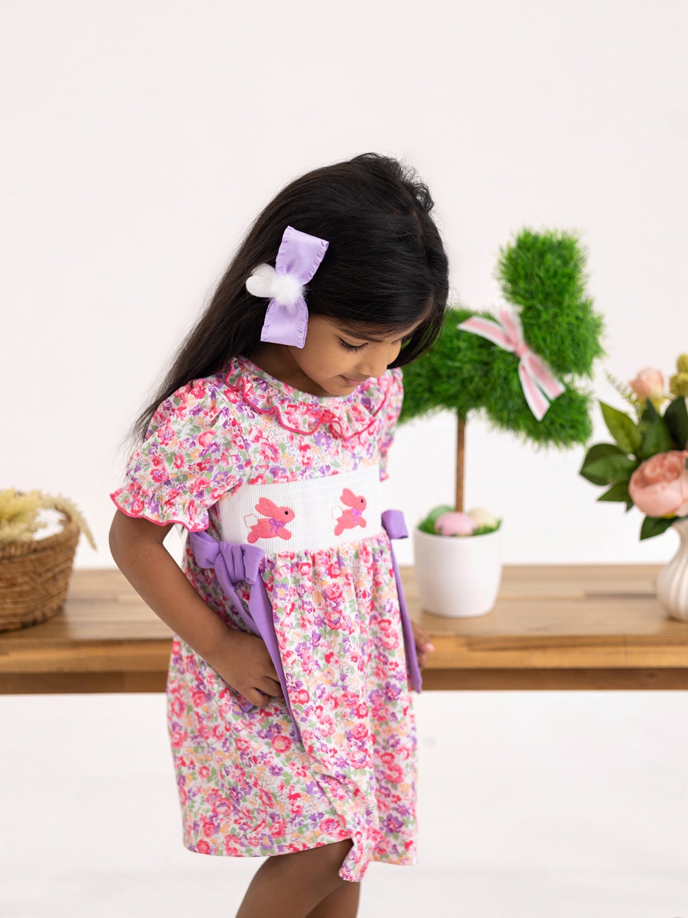 Easter Colorful Floral Bunny Embroidery Bow Ruffle Girl Dress