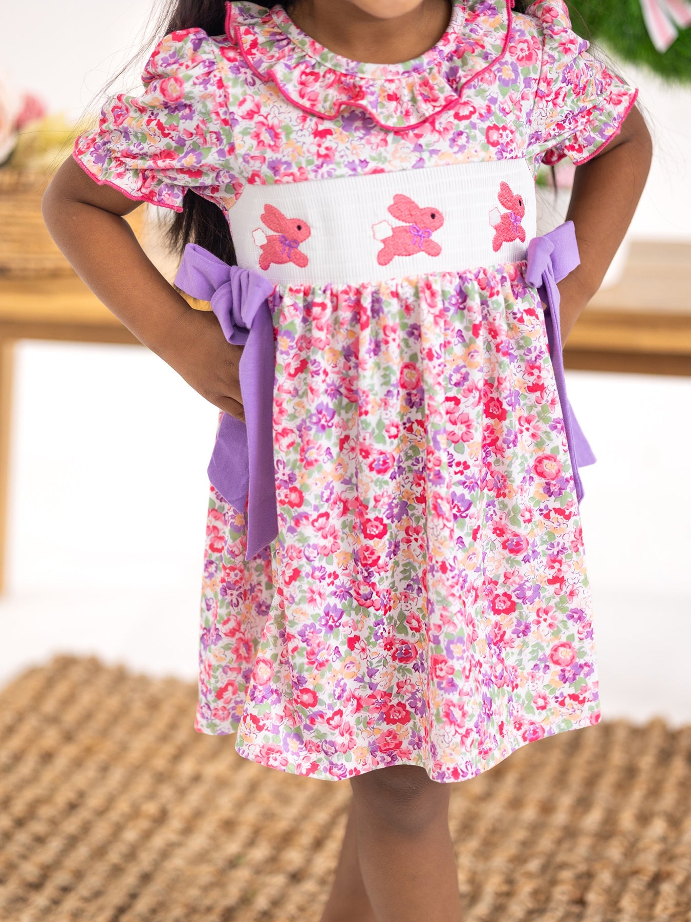 Easter Colorful Floral Bunny Embroidery Bow Ruffle Girl Dress