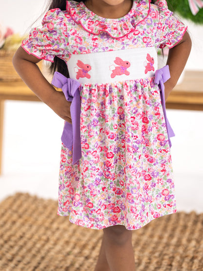 Easter Colorful Floral Bunny Embroidery Bow Ruffle Girl Dress
