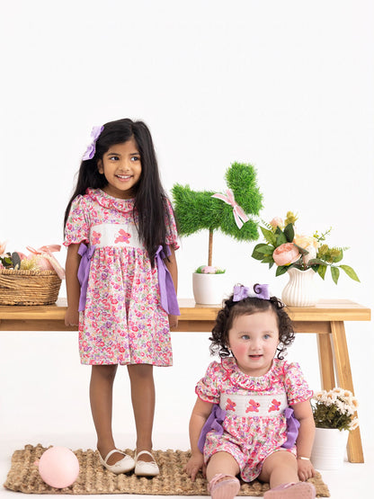 Easter Colorful Floral Bunny Embroidery Bow Ruffle Girl Bloomer Set