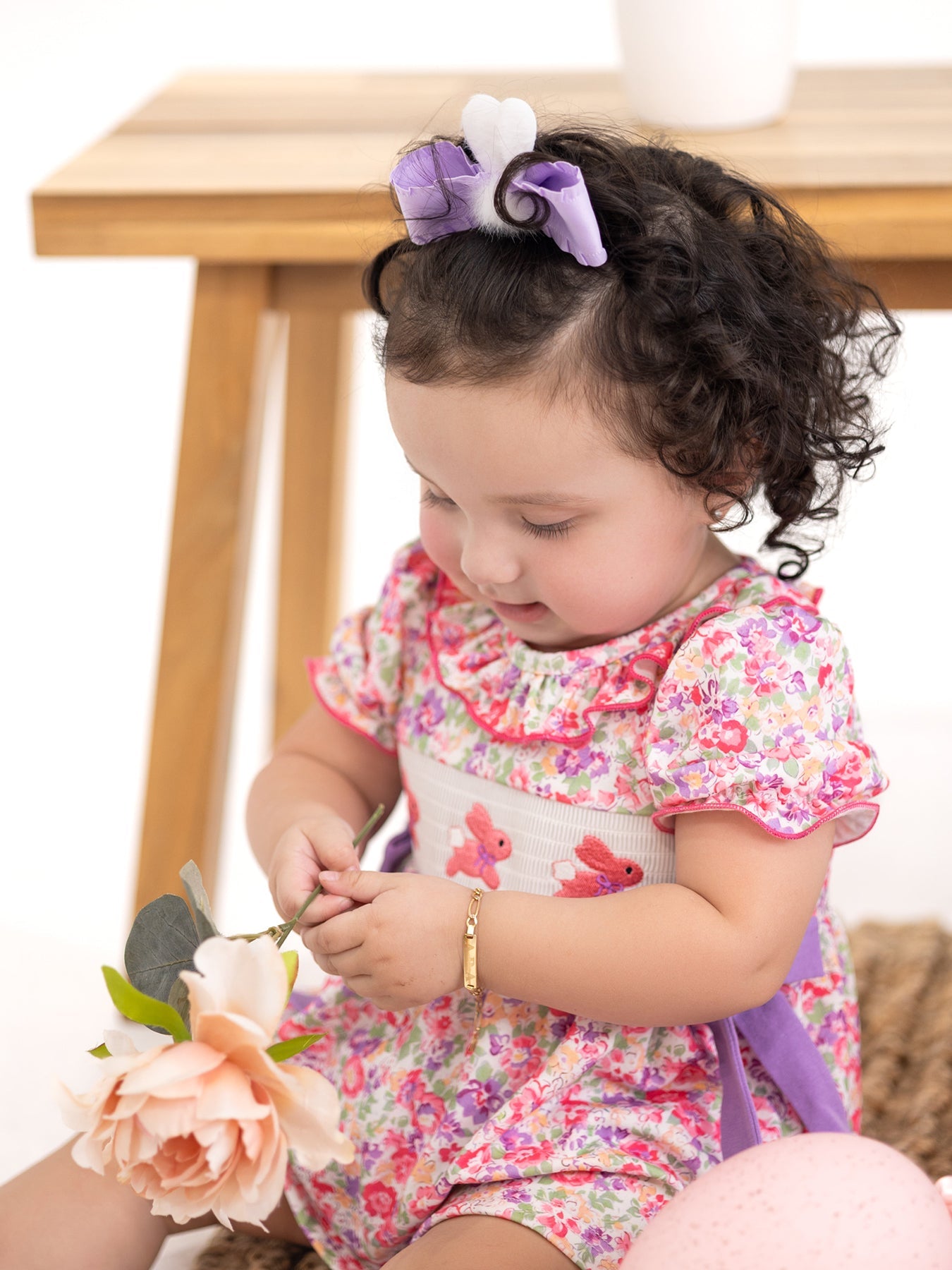 Easter Colorful Floral Bunny Embroidery Bow Ruffle Girl Bloomer Set