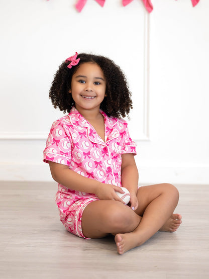 Girls Baseball Bow Print Pajama Set Short Sleeve Pink