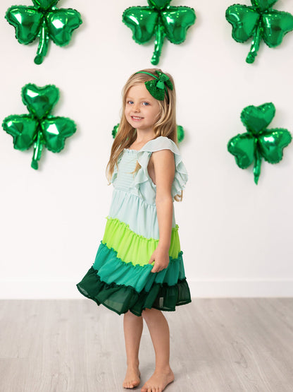 St. Patrick's Day Ombre Ruffle Dress for Girls – Green Gradient Layers
