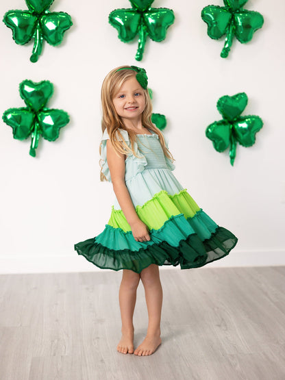 St. Patrick's Day Ombre Ruffle Dress for Girls – Green Gradient Layers