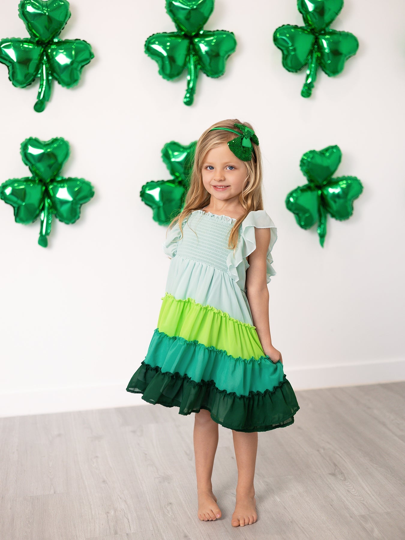 St. Patrick's Day Ombre Ruffle Dress for Girls – Green Gradient Layers