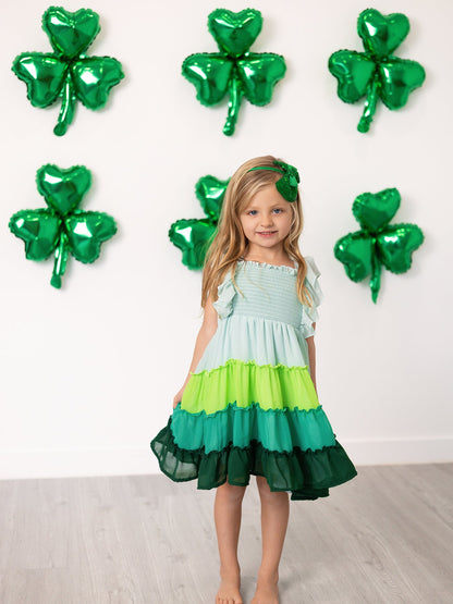 St. Patrick's Day Ombre Ruffle Dress for Girls – Green Gradient Layers