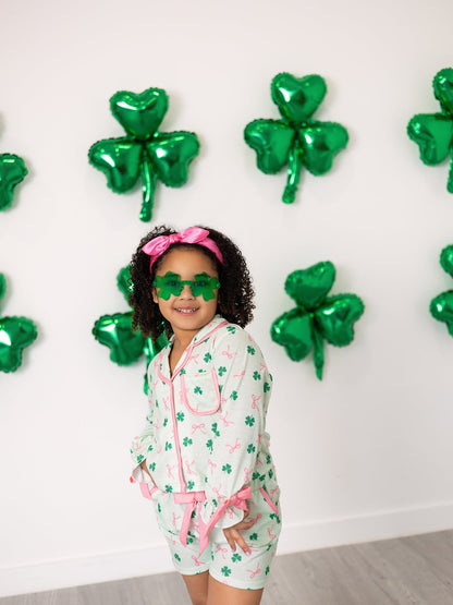 St. Patrick's Day Bow Shamrock Print Ruffles Girls Pajama Set