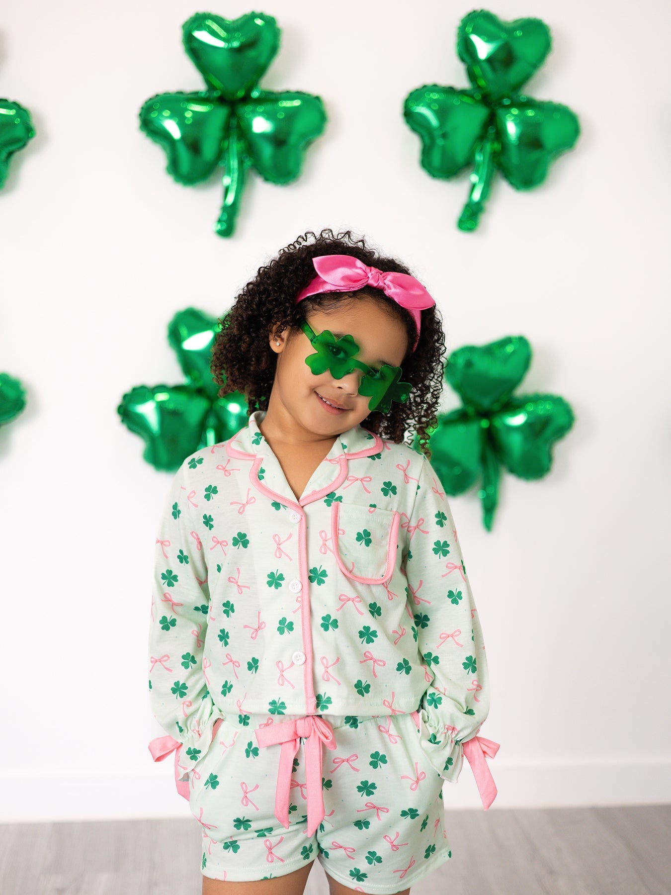 St. Patrick's Day Bow Shamrock Print Ruffles Girls Pajama Set