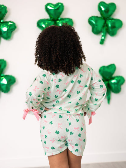 St. Patrick's Day Bow Shamrock Print Ruffles Girls Pajama Set