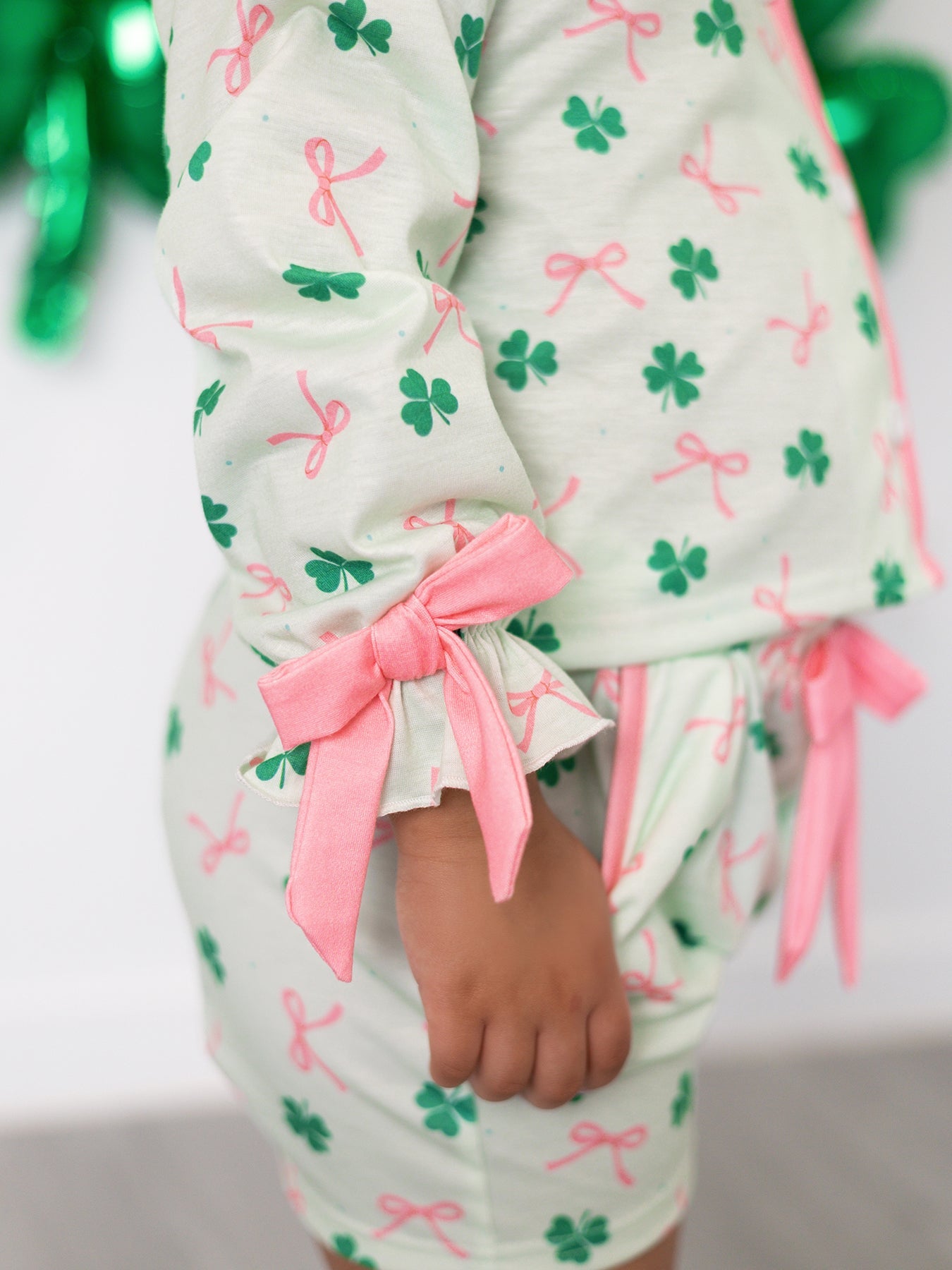 St. Patrick's Day Bow Shamrock Print Ruffles Girls Pajama Set