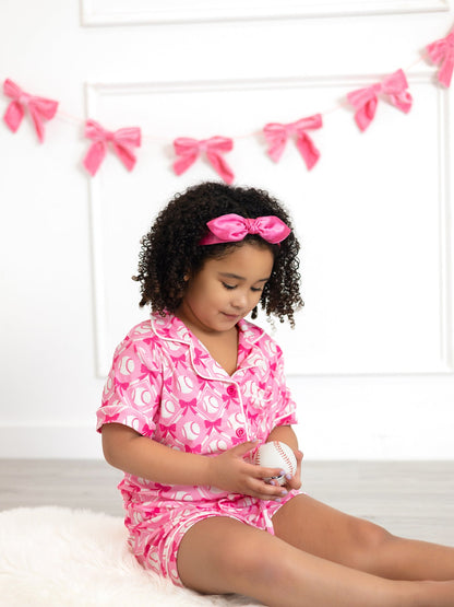 Girls Baseball Bow Print Pajama Set Short Sleeve Pink