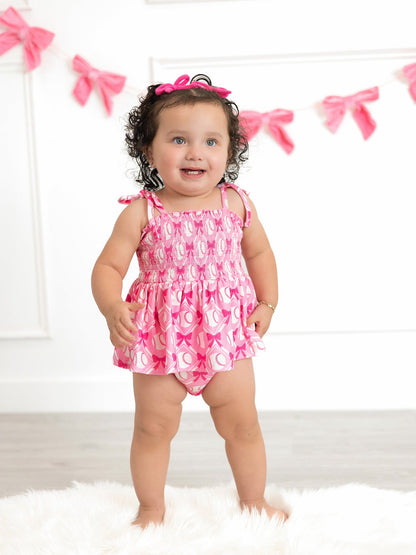 Baby Girl Pink Baseball Bow Print Romper Summer Outfit