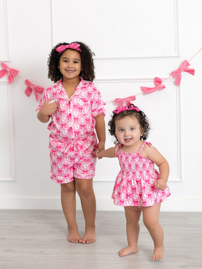 Girls Baseball Bow Print Pajama Set Short Sleeve Pink