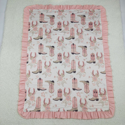 BL0246 Baby Kids Pink Boots Horse Shoes Flowers Western Blankets