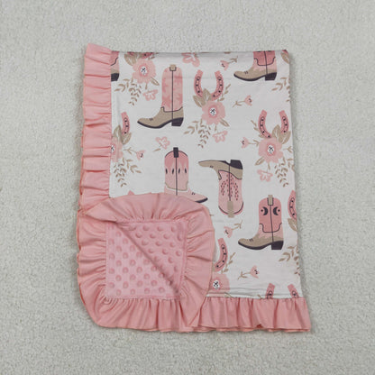 BL0246 Baby Kids Pink Boots Horse Shoes Flowers Western Blankets