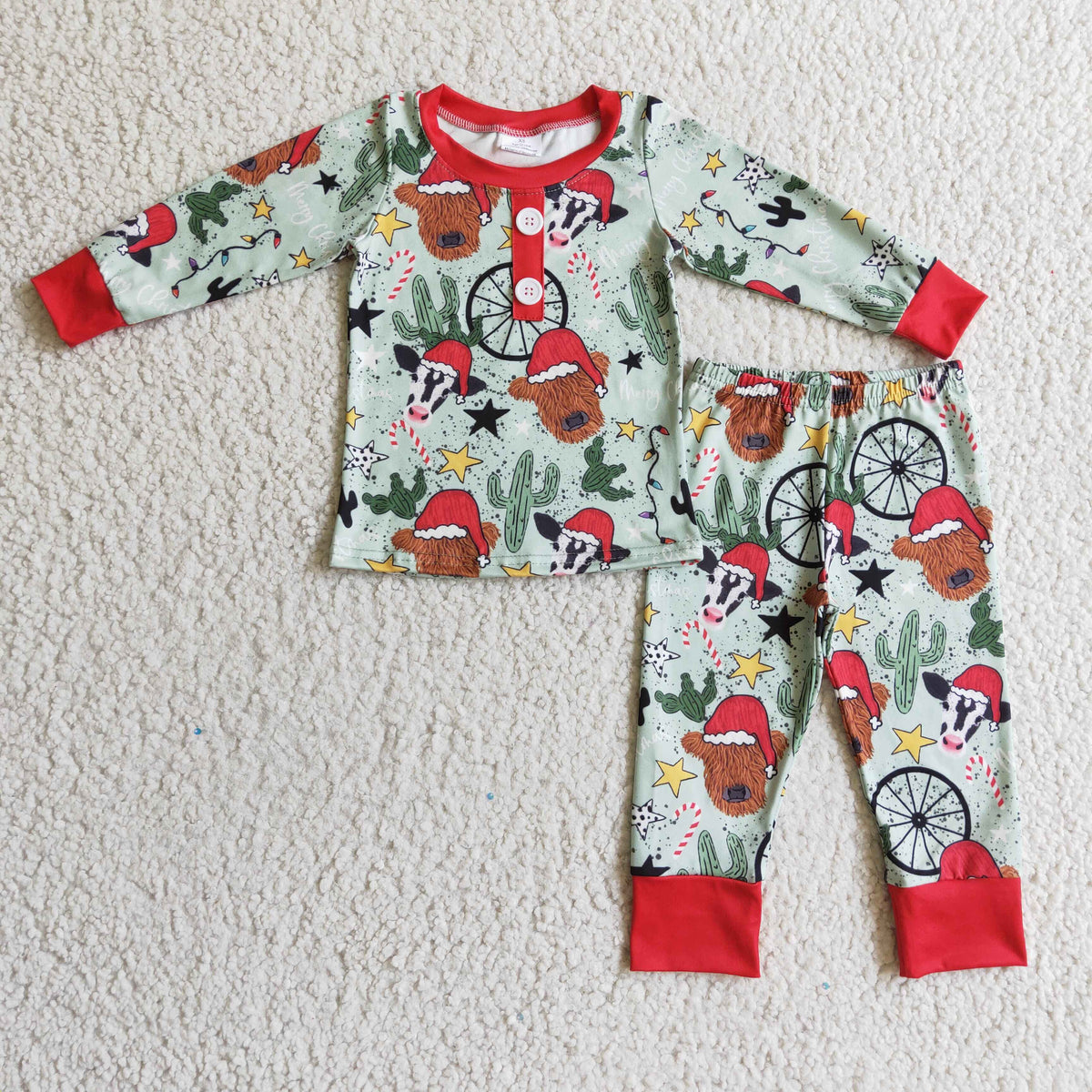 Sibling Baby Boys Girls Christmas Hats Cows Cactus Button Top Pant Pajamas Sets