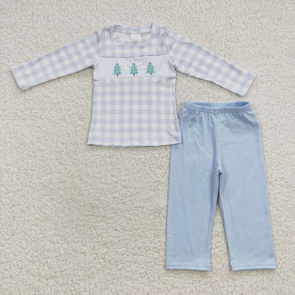 Sibling Baby Kids Embroidery Trees Checked Top Pants Christmas Clothes Sets Rompers